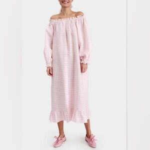 Sleeper Pink Gingham Off-Shoulder Linen Dress